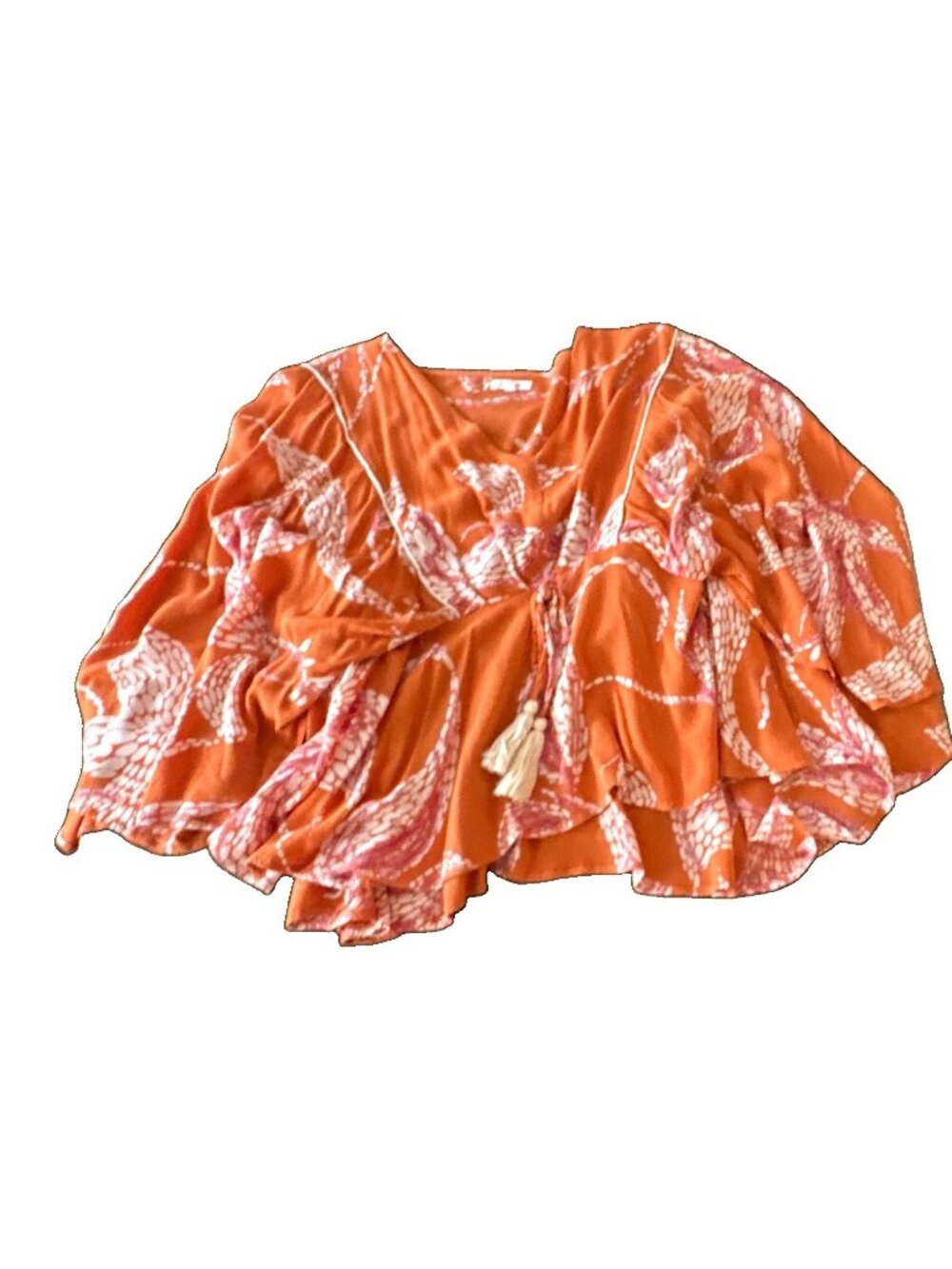Maurices Orange Floral Boho Fall Blouse Top XL 3/4 Bell Sleeve Tasseled Pullover